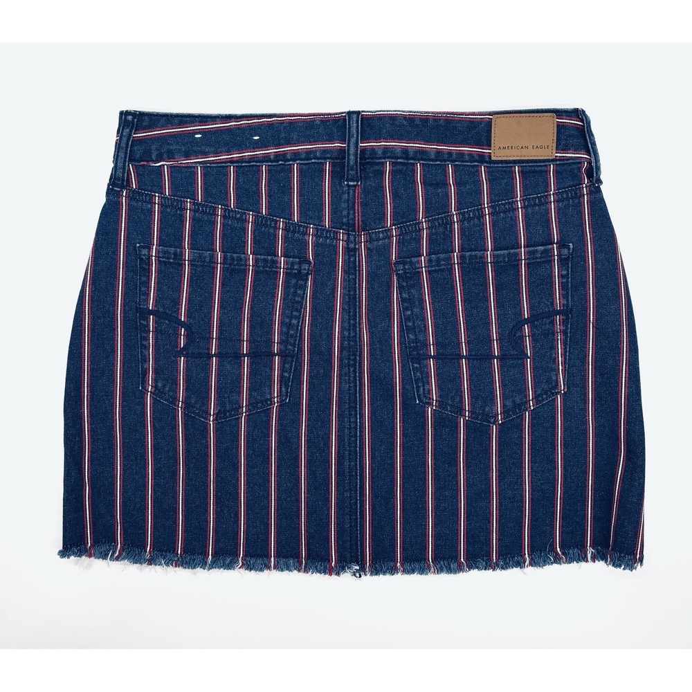 American Eagle Skirt Womens 10 Blue Red Striped Denim Jean Mini Stretch Raw Edge - Picture 3 of 10